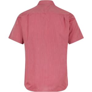 A short sleeve button-up shirt in a red and white striped pattern, featuring a back yoke and collar.