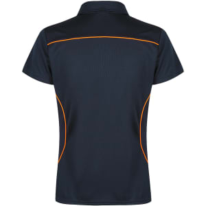 A navy polo shirt with orange accents, featuring a collar and short sleeves. The back is smooth and plain.
