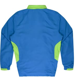 A blue tracktop featuring green accents on the collar and sides, with long sleeves and a relaxed fit.