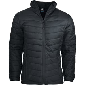 A black padded men's jacket featuring a zip closure and two side pockets, with a logo on the label.