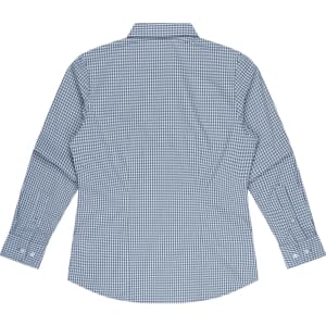 A long sleeve button-up shirt in a blue and white checkered pattern, featuring a collar and cuffed sleeves.