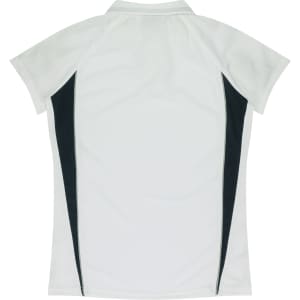 A white polo shirt featuring black side panels and a collar. The shirt has a logo.