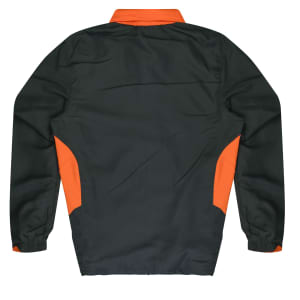A dark green tracktop with orange side accents, featuring a collar and elastic cuffs. It has a logo on the back.