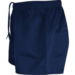 Navy blue rugby men's shorts with an elastic waistband and a drawstring, featuring a logo.