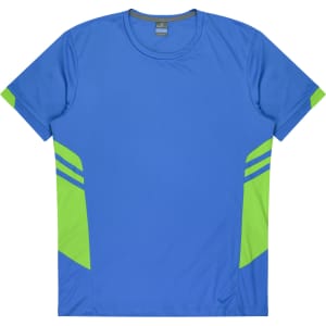 A blue T-shirt with green accents and a logo, designed for kids. Suitable for casual wear or active play.