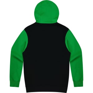 A hoodie featuring a black body with green sleeves and hood, also includes a logo on the design.