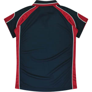 A navy and red polo shirt featuring short sleeves and a stylish design, with a logo present.