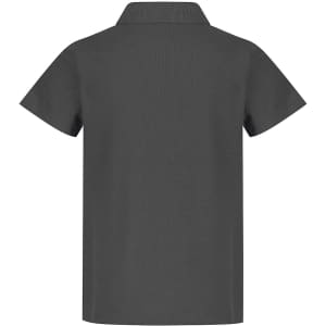 A dark grey polo shirt featuring short sleeves and a collar, with a branding logo on the back.