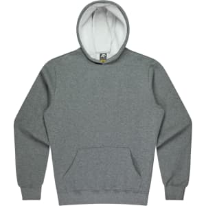 A grey hoodie with a white-lined hood and a front pocket. It features a logo on the tag inside.