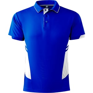 A vibrant blue polo shirt with white detailing and a logo on the collar.