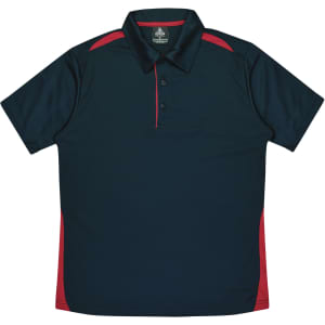 A polo shirt featuring a navy body with red accents and a collar, designed for men's fashion.