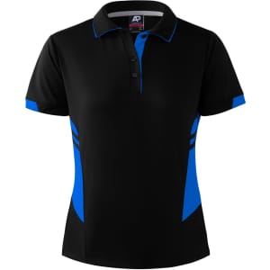 A black polo shirt for women with blue accents and a logo on the collar. Features a classic button-up design.