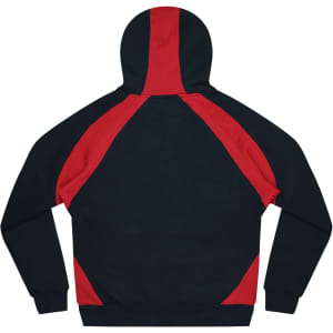 A black hoodie with red accents on the shoulders and hood, featuring a logo.
