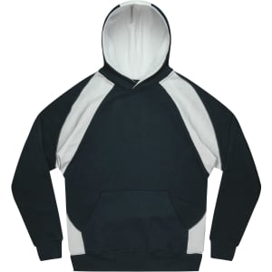 A hoodie featuring a combination of dark green and white colours, with a front pocket and a hood.