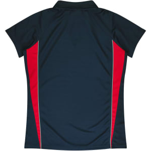 A polo shirt in navy blue with red side accents and a collar, featuring a logo.