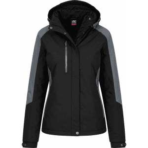 A black and grey jacket with a hood, featuring zip pockets and a logo. Suitable for various weather conditions.