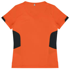 An orange women's t-shirt with black side panels and a logo on the back.