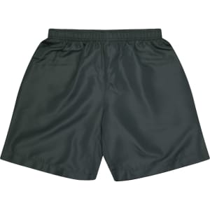 Dark green kids' sports shorts with an elastic waistband and a smooth finish, featuring a logo.