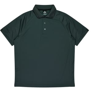 A dark green men's polo shirt with a collar and three buttons, featuring a logo on the chest.