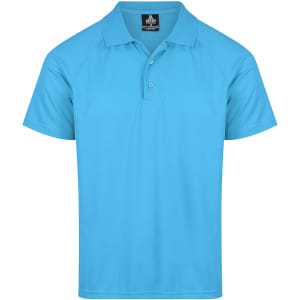 A turquoise polo shirt with a collar and three buttons, featuring a branding logo.