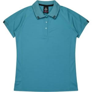 A teal polo shirt with a collar, short sleeves, and contrasting details. It features a logo on the collar.