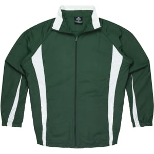 A green tracktop with white side stripes and a zip-up front. It features a collar and has a logo.