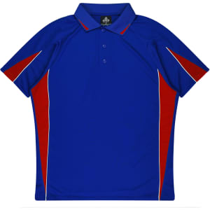 A blue polo shirt with red and white accents, featuring a polo collar and a logo.