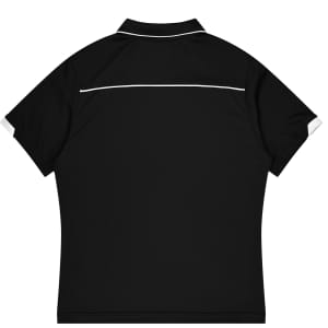 A black polo shirt with white detailing, designed for kids' sports uniforms, featuring a logo.