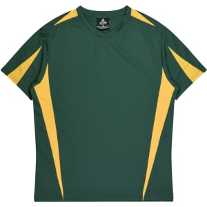 A green and yellow men's T-shirt with short sleeves and a logo on the label.