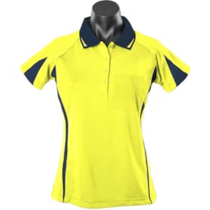 A yellow and navy polo shirt featuring a collared neckline and short sleeves. The shirt has an accent colour design.