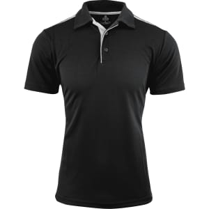 A black polo shirt with white accents and a three-button placket. Features a logo on the chest.