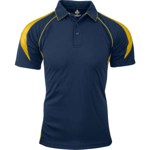 A navy blue polo shirt with yellow accents and a collar, featuring a logo on the chest.