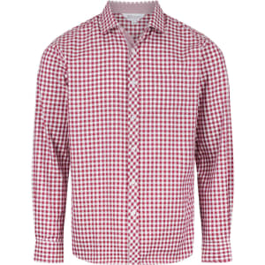 A long sleeve button-up shirt in red and white gingham check, featuring a branded logo.