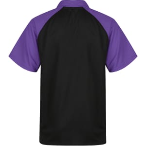 A black polo shirt with purple sleeves, featuring a logo on the back.