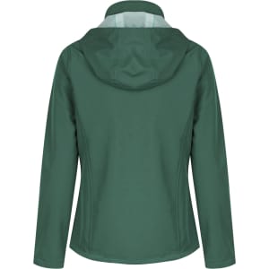 A green soft shell jacket with a hood, featuring a smooth finish and a fitted style. It has a logo on the back.