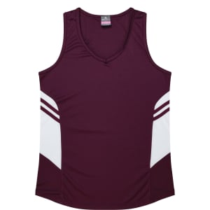 A maroon singlet featuring white side panels and a logo. Ideal for warm-weather wear.