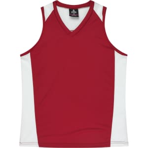 A red singlet with white side panels, featuring a V-neck design and a logo on the neckline.