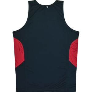 A men's singlet in navy blue with red side panels, featuring a logo on the back.