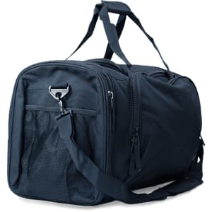 A black duffle bag featuring multiple compartments and a mesh pocket, equipped with sturdy handles and a shoulder strap.