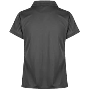 A dark grey polo shirt with a classic collar and short sleeves, featuring a logo on the front.