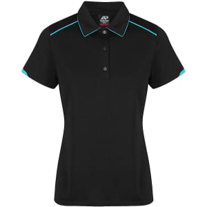 A black polo shirt with turquoise accents, featuring a collar and short sleeves, and a logo on the label.