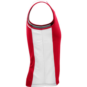 A red and white men's singlet with a fitted design and a logo on it.