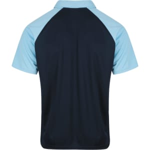 A navy and light blue polo shirt with short sleeves and a classic collar, featuring a logo on the front.