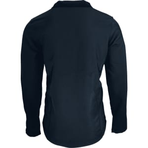 A black soft shell jacket with long sleeves and a back view. The item features a logo.