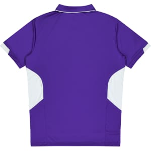 A purple polo shirt featuring white accents, designed for kids, with a branding logo on the garment.