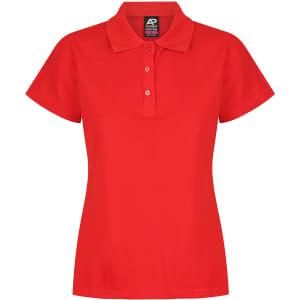 A red polo shirt with a collared neckline and short sleeves, featuring a logo on the label.