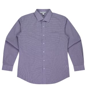 A long-sleeve button-up shirt in a purple check pattern, featuring a pocket and a logo on the collar.