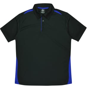A black polo shirt with blue side accents, featuring a collar and a logo.