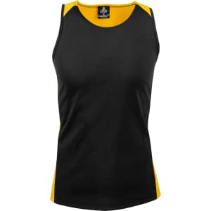 A black and yellow athletic singlet featuring a logo on the label at the neckline.