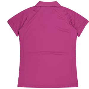 A pink polo shirt featuring short sleeves and a collared neck, with a logo on the back.